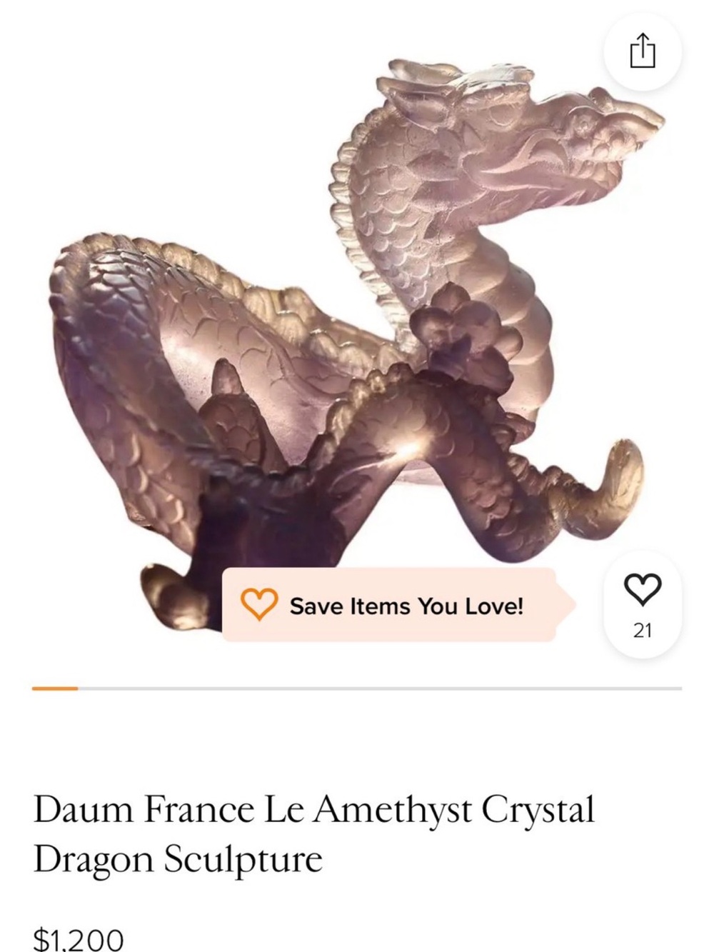 Rare/limited signed Daum France Amethyst Crystal Dragon Sculpture Pate de Verre - Picture 11 of 11